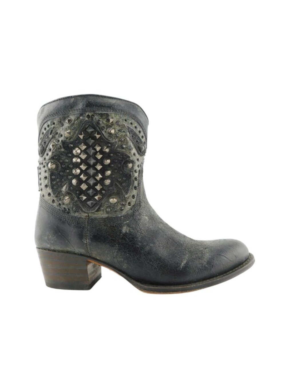 New FRYE Black Pewter Distressed Leather Block Heel Western Booties 6.5